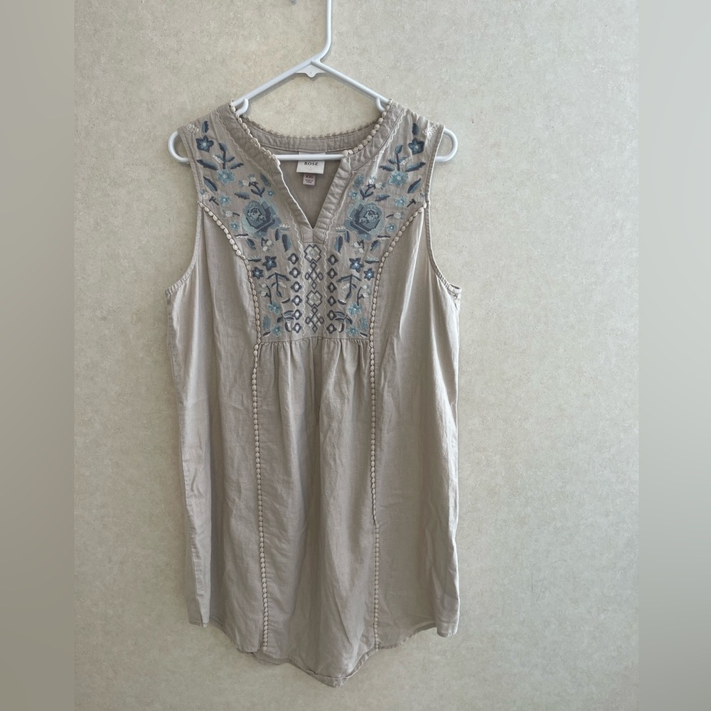 Knox Rose Boho Embroidered Linen Mini Dress - Beige/Blue  size XxL